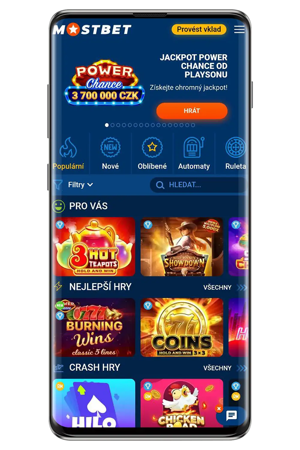 Rozhraní sázkové kanceláře Mostbet na mobilním zařízení