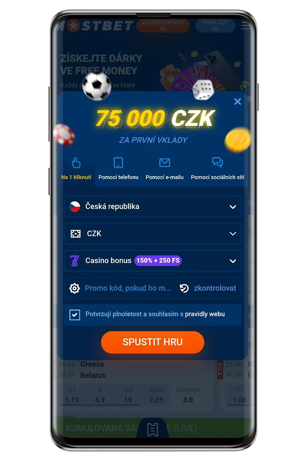 Rozhraní sázkové kanceláře Mostbet na mobilním zařízení